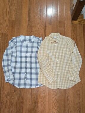 J Crew Set Of 2 Gingham Button-Up Shirts - White/Navy & Tan/White
